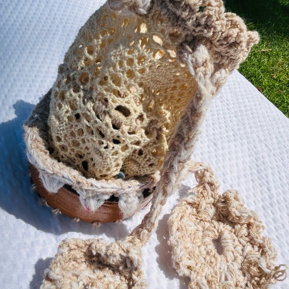 Handcrafted Crochet Cosmetic Bag - Cream and Tan